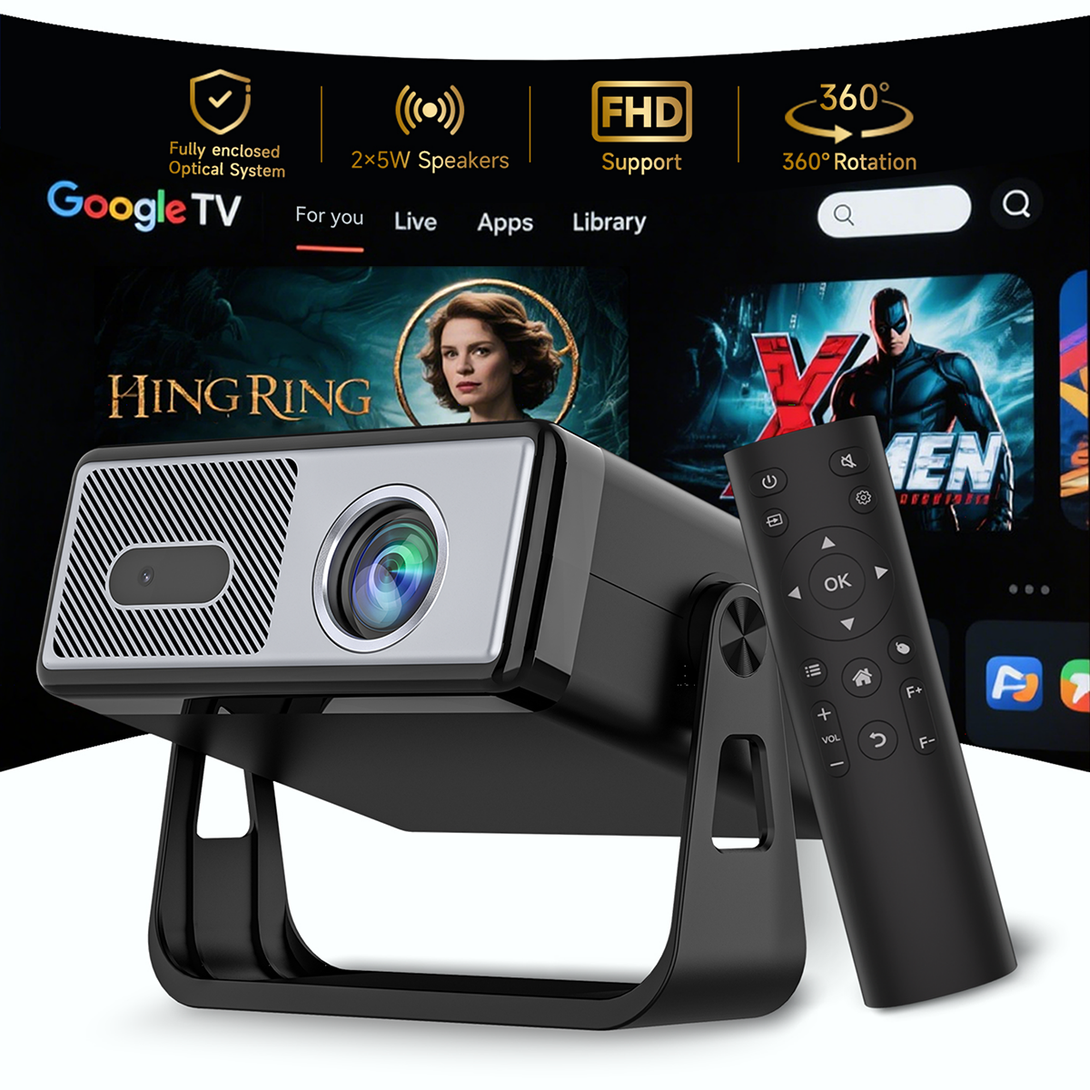 Portable Smart Projector with WiFi and Bluetooth - Native 720P, 8000L, Auto Keystone, Built-in Speaker, for Phone/Laptop/TV Stick