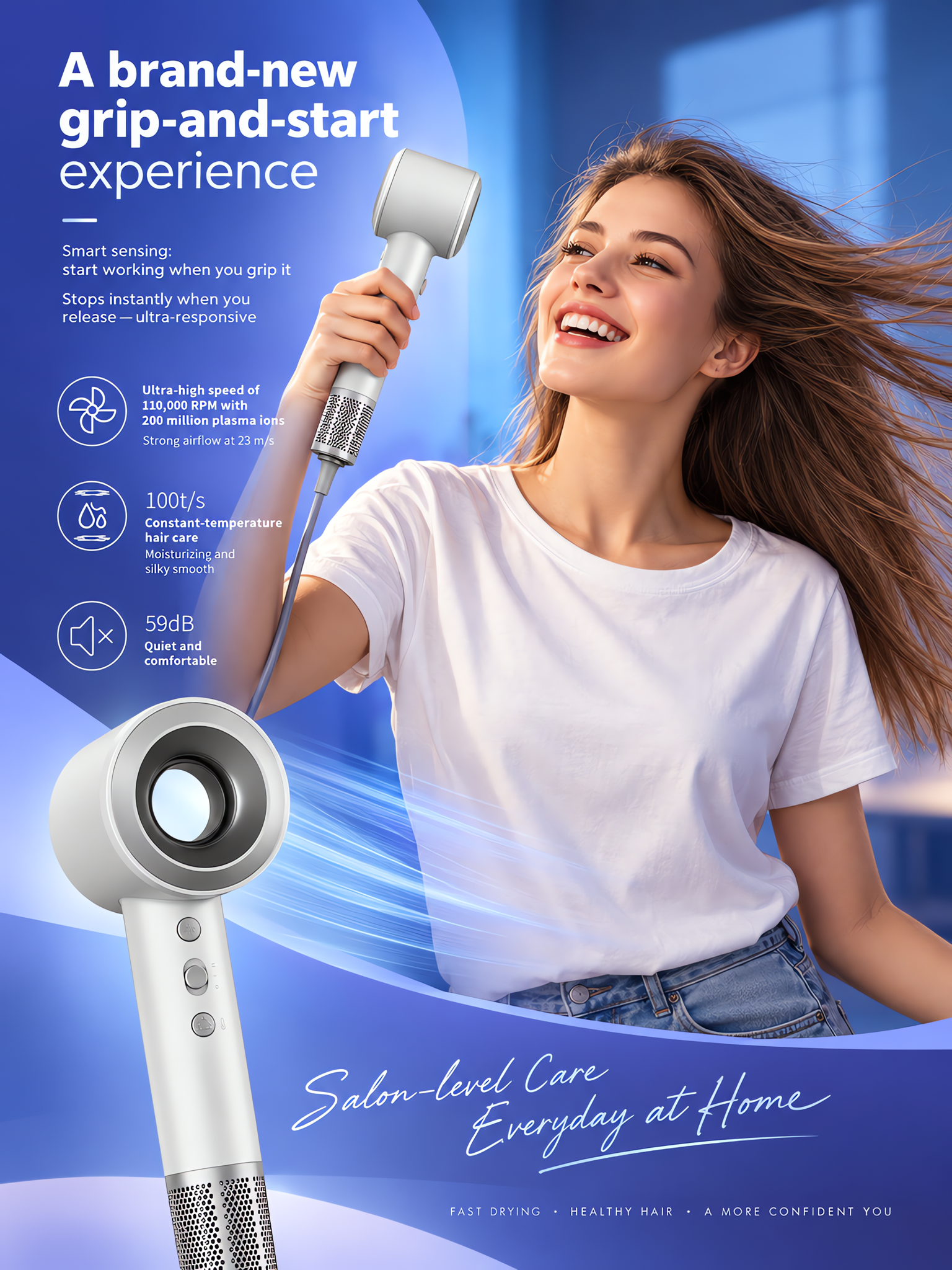 High-Speed Hair Dryer with 110,000 RPM Brushless Motor, 200M Plasma Ions, Smart Touch Sensor Grip & Intelligent Temp Control image 5