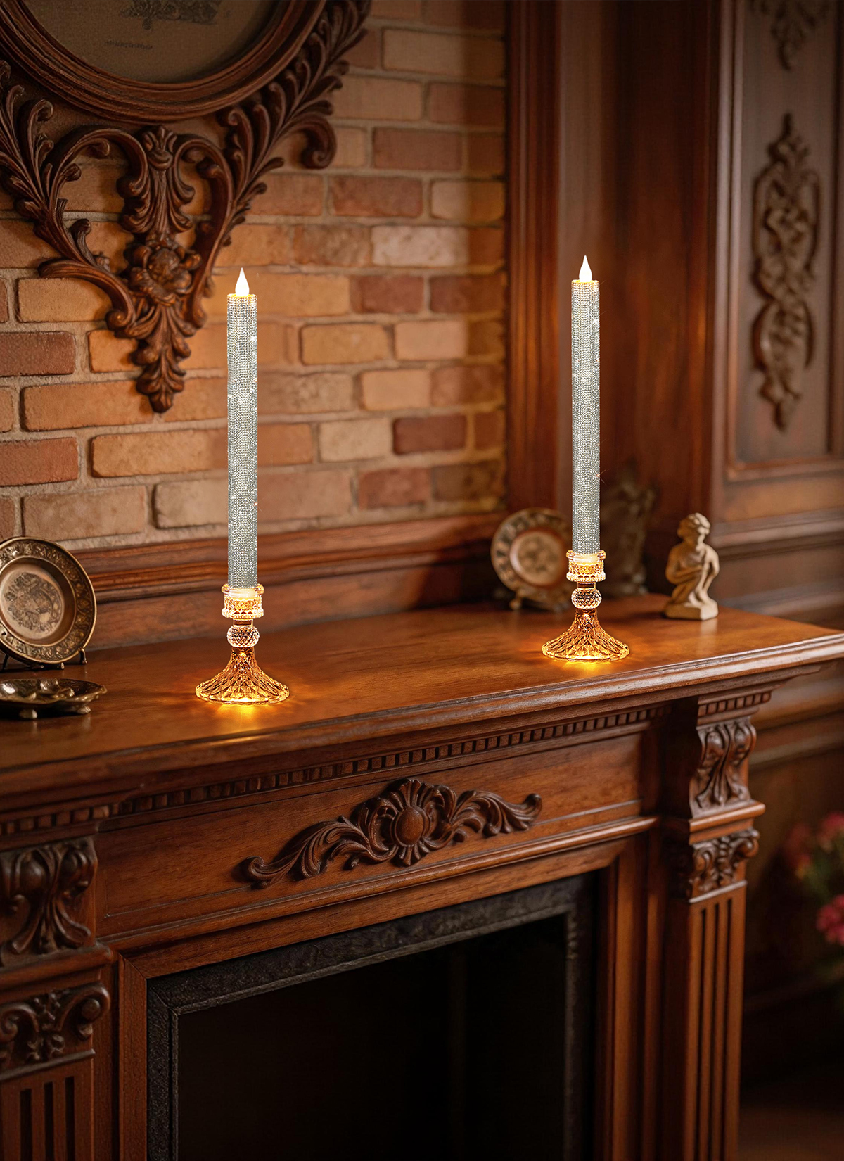 Luxury Rhinestone Flameless LED Taper Candles with Glass Holders & Remote - Dual Light Source & Timer, Set of 2 image 3