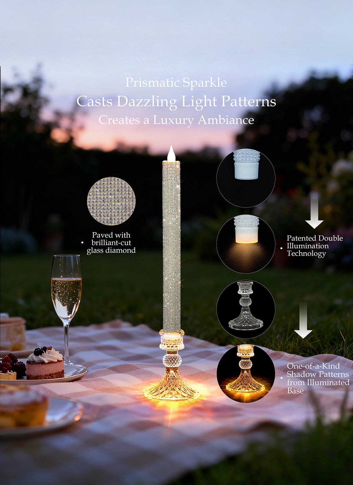 Luxury Rhinestone Flameless LED Taper Candles with Glass Holders & Remote - Dual Light Source & Timer, Set of 2 image 2