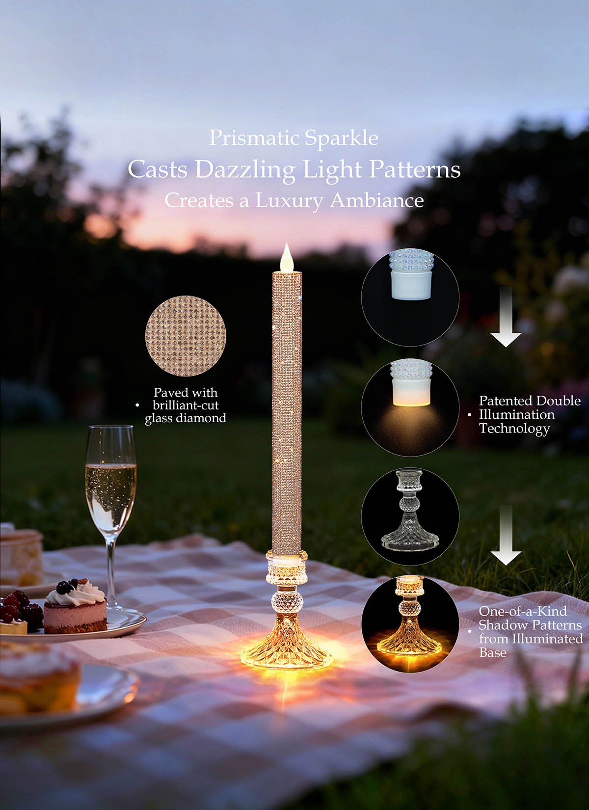 Luxury Rhinestone Flameless LED Taper Candles with Glass Holders & Remote - Dual Light Source & Timer, Set of 2 image 2