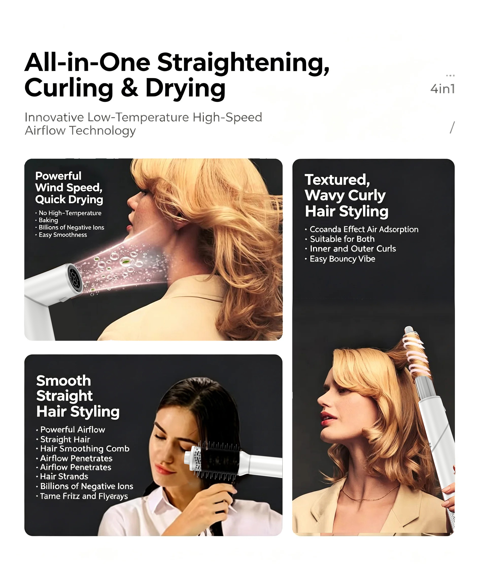 4-in-1 High-Speed Hair Dryer & Multi-Styler - 1400W Foldable Ionic Blow Dryer with Air Auto-Wrap Curling Iron, Smoothing Brush, NTC Smart Temp Control & Fast Drying image 2