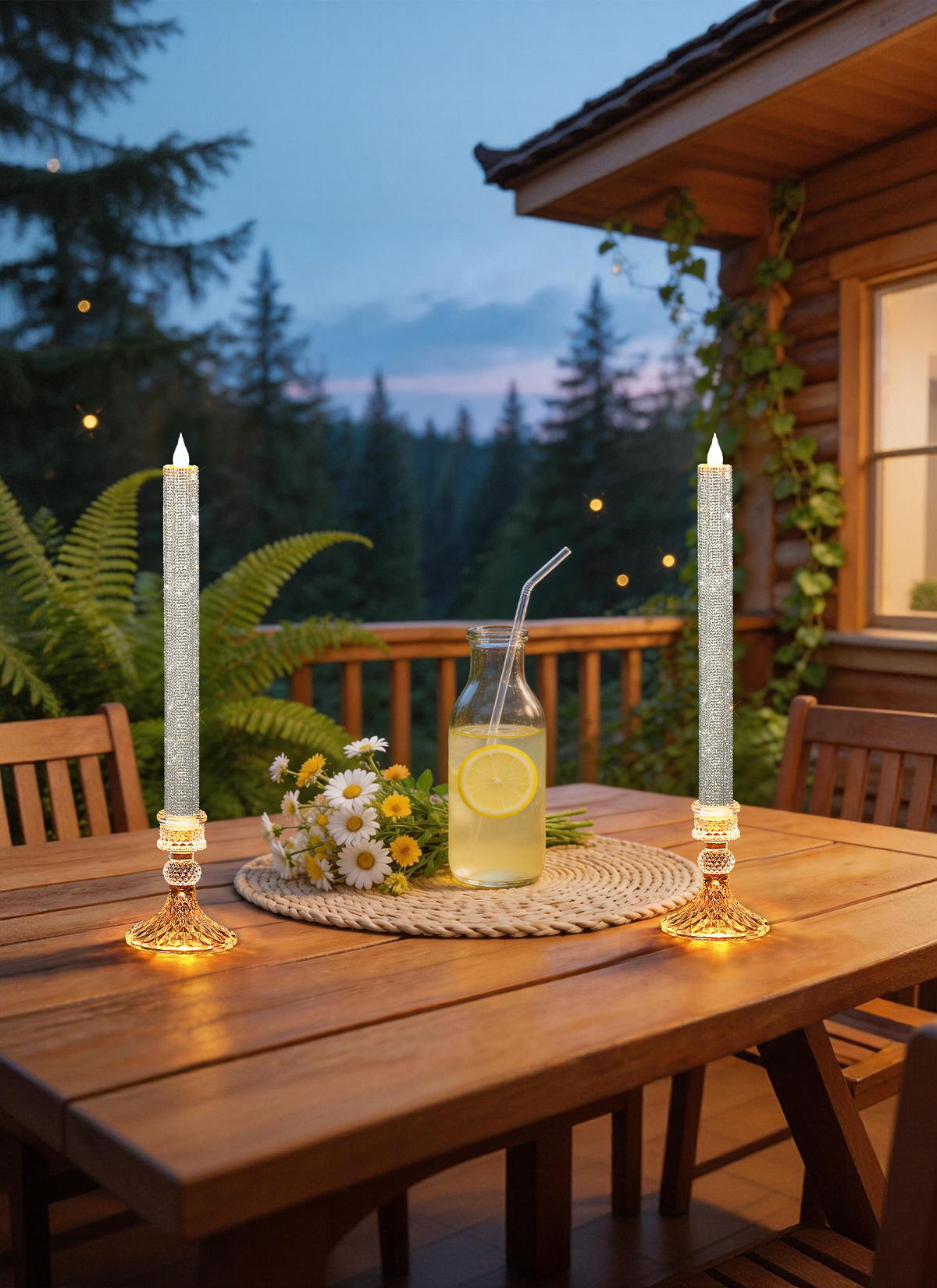Luxury Rhinestone Flameless LED Taper Candles with Glass Holders & Remote - Dual Light Source & Timer, Set of 2