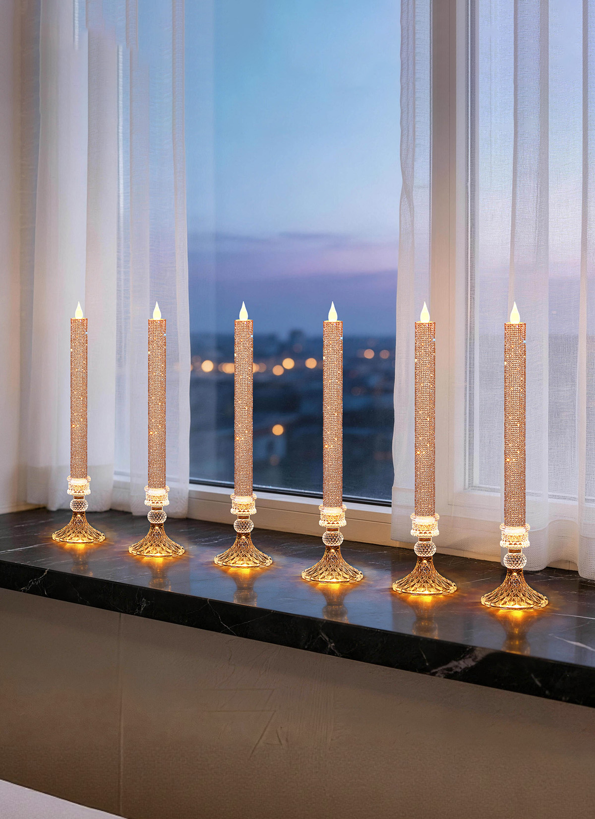 Luxury Rhinestone Flameless LED Taper Candles with Glass Holders & Remote - Dual Light Source & Timer, Set of 2 image 6