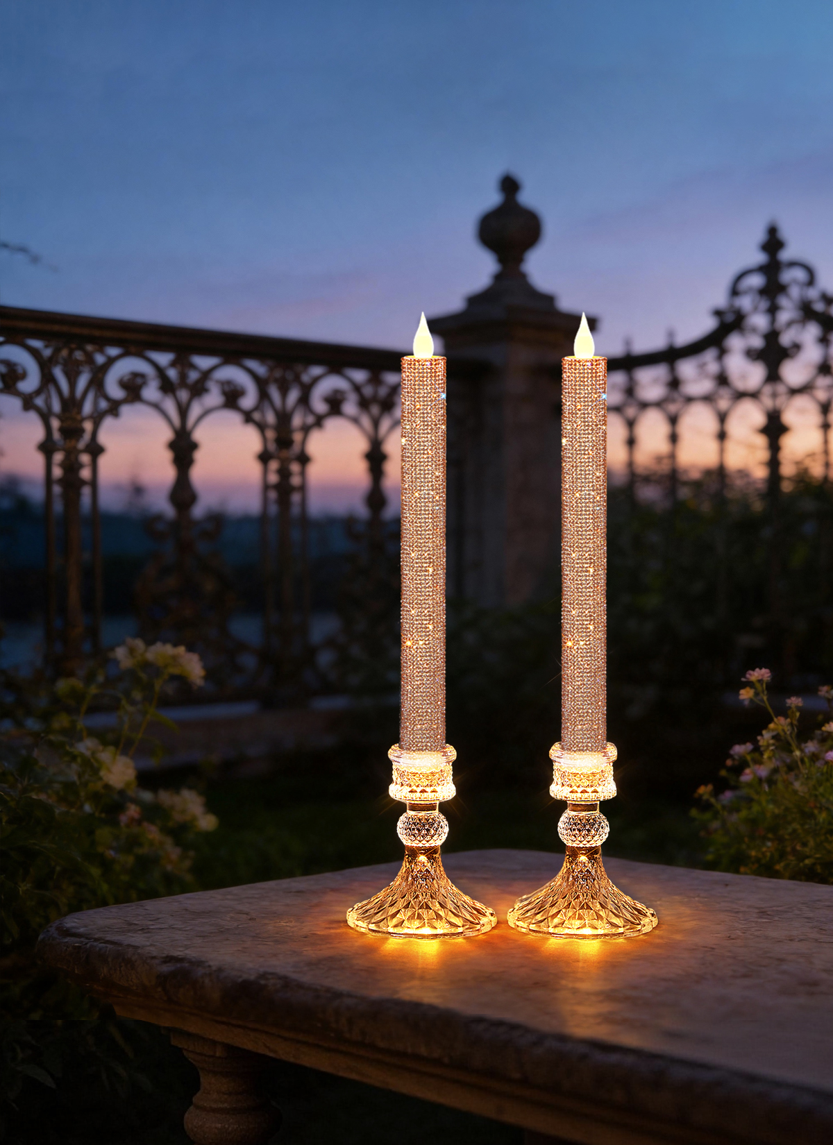Luxury Rhinestone Flameless LED Taper Candles with Glass Holders & Remote - Dual Light Source & Timer, Set of 2 image 7