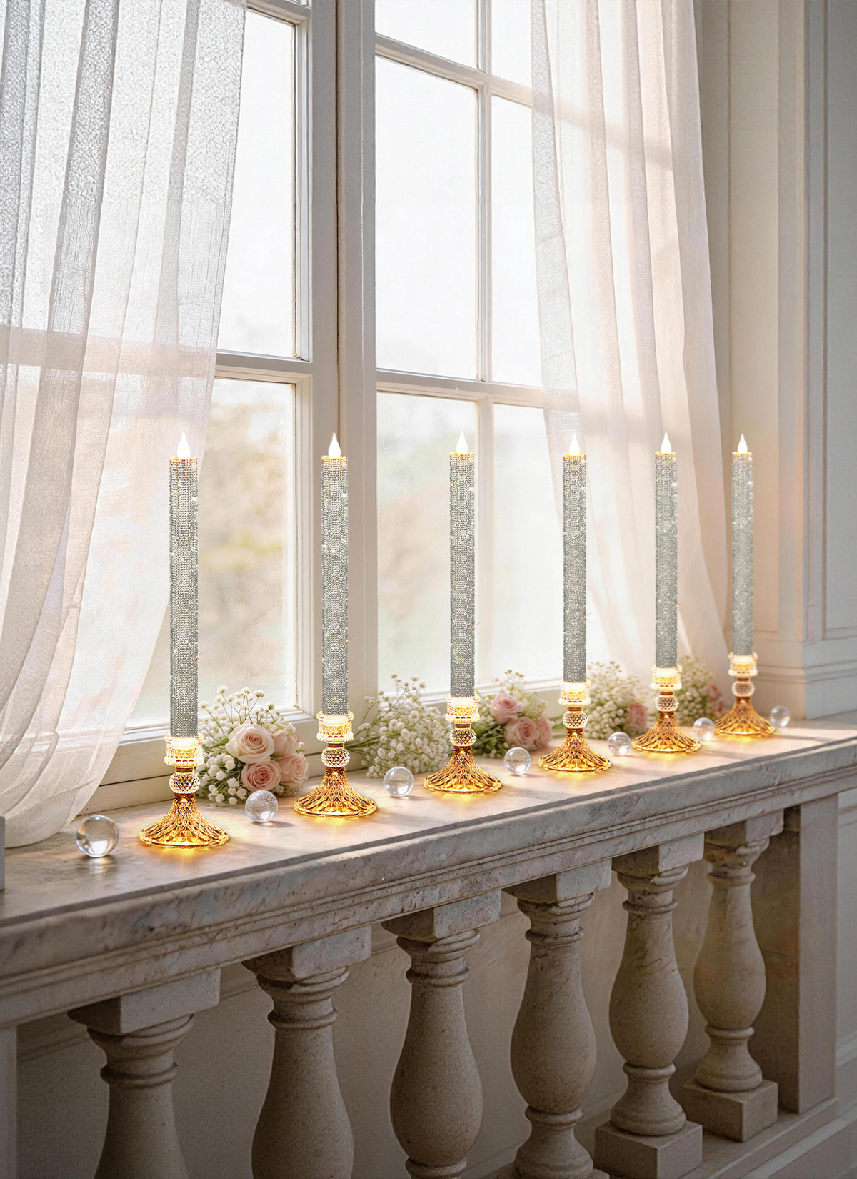 Luxury Rhinestone Flameless LED Taper Candles with Glass Holders & Remote - Dual Light Source & Timer, Set of 2 image 6
