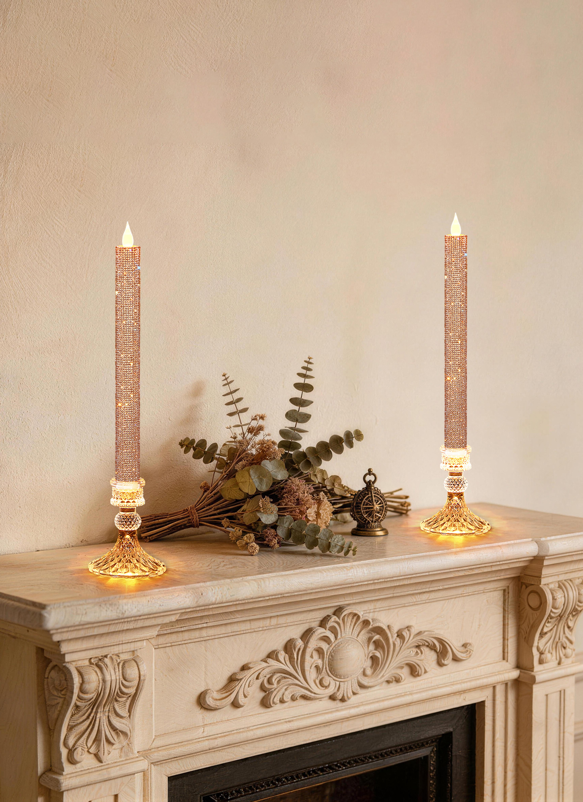 Luxury Rhinestone Flameless LED Taper Candles with Glass Holders & Remote - Dual Light Source & Timer, Set of 2 image 3