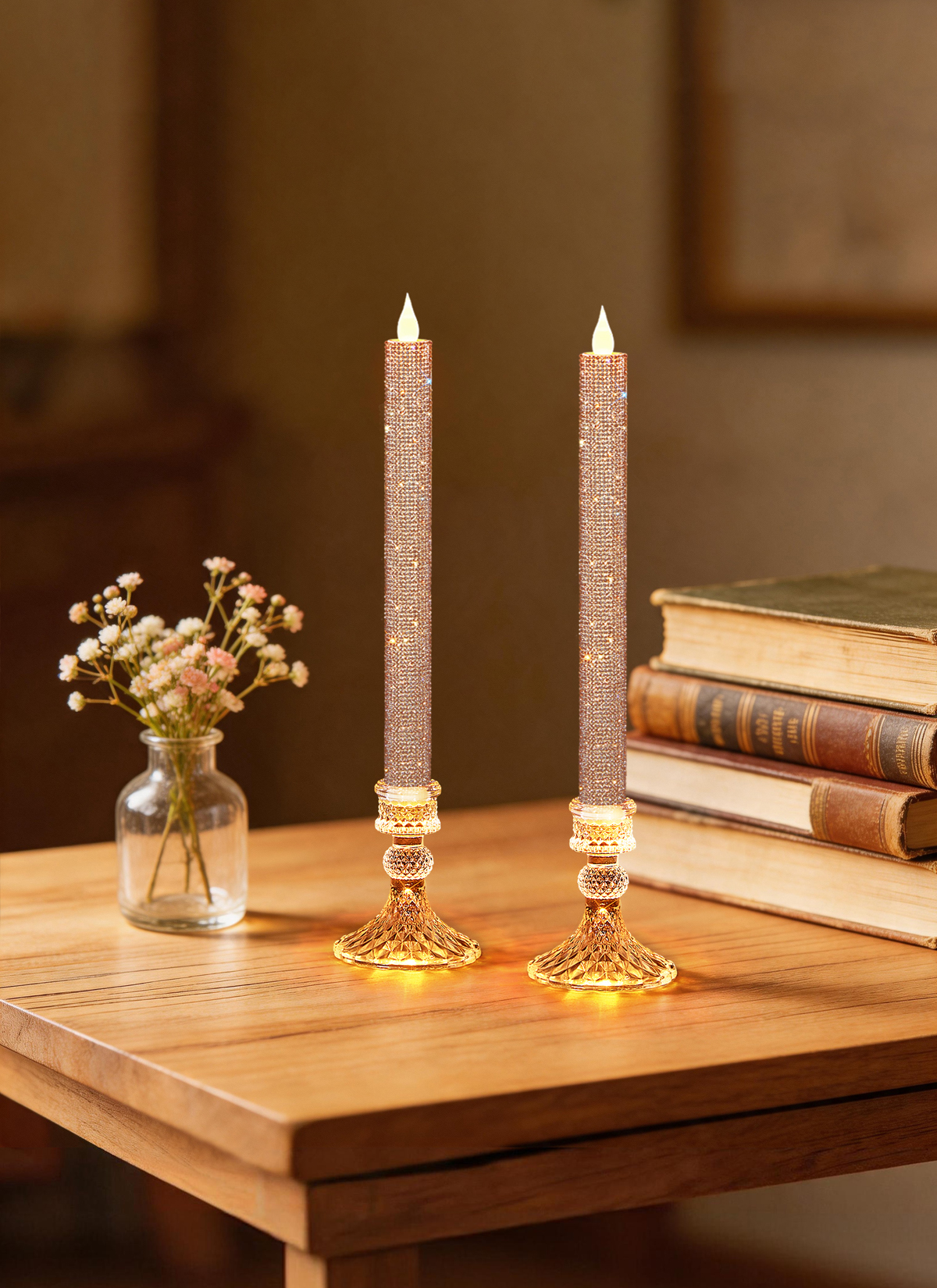 Luxury Rhinestone Flameless LED Taper Candles with Glass Holders & Remote - Dual Light Source & Timer, Set of 2