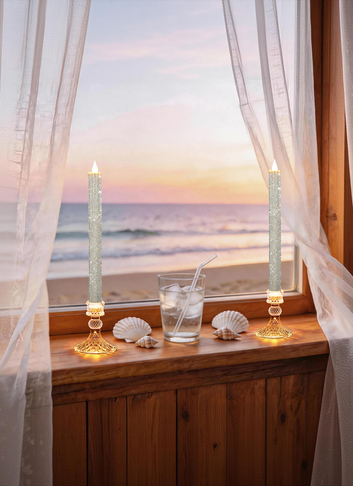 Luxury Rhinestone Flameless LED Taper Candles with Glass Holders & Remote - Dual Light Source & Timer, Set of 2 image 4